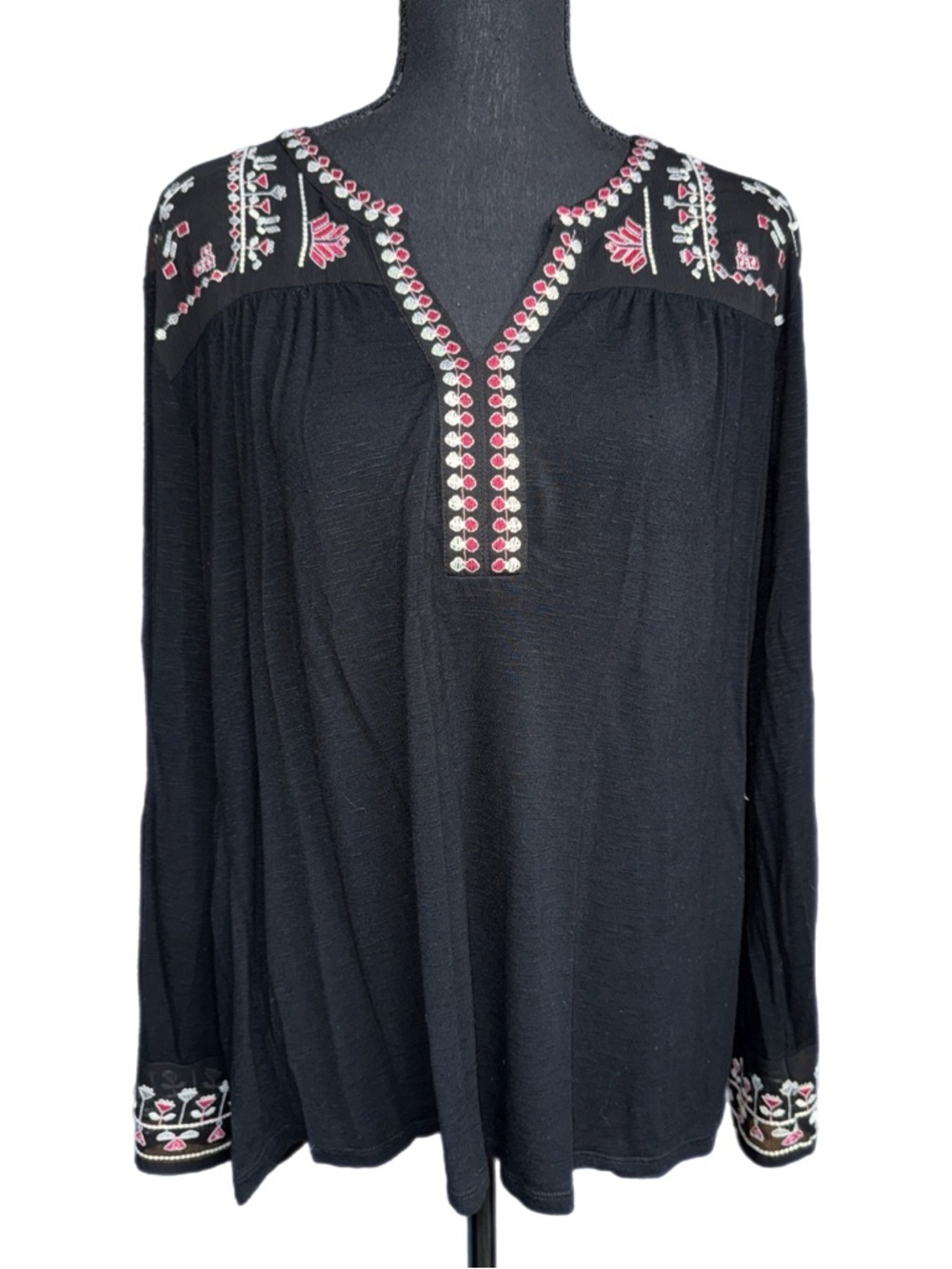 Tribal Embroidered Black Long Sleeve - Boho Floral Peasant Blouse - Size Large